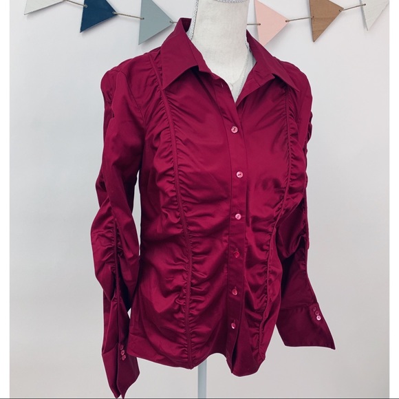 Chic Button Down Shirt w/Allover Ruching in Garnet - Picture 3 of 8